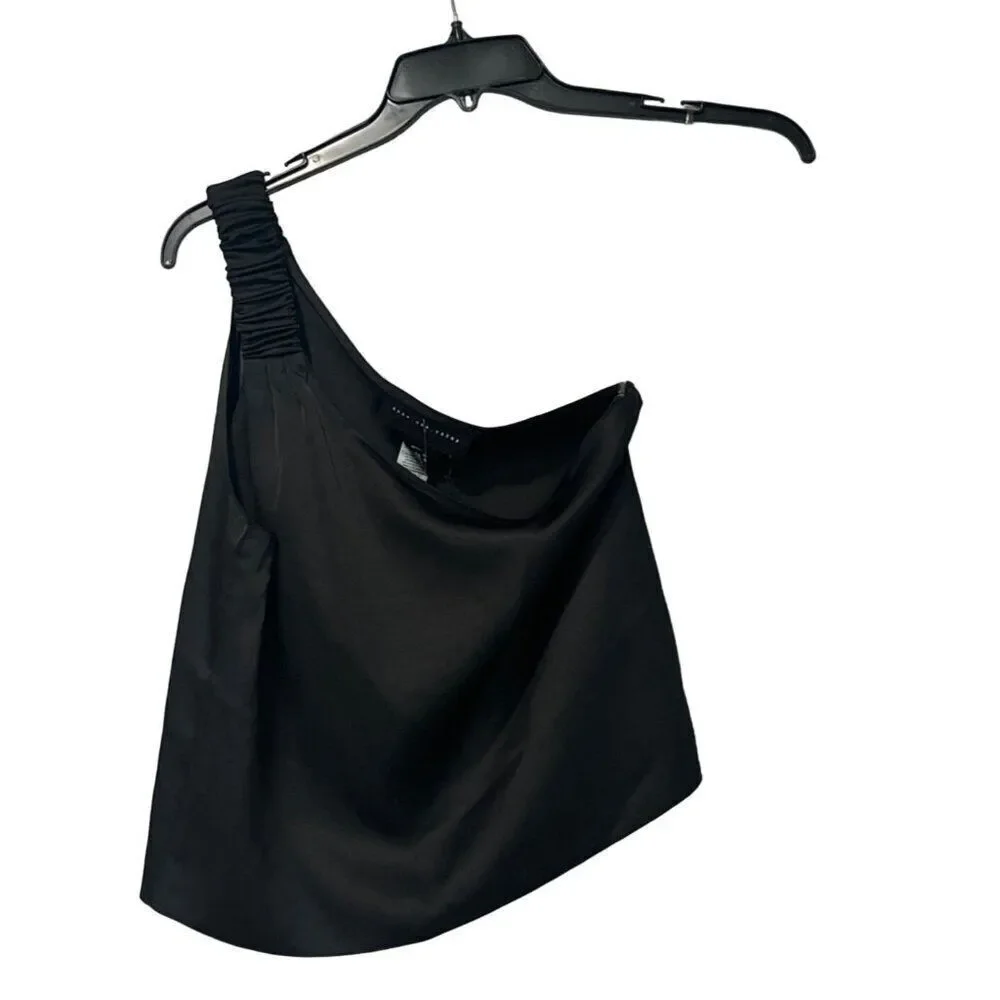 Know One Cares Women’s Shirred Shoulder Strap One Shoulder Satin Top, Black, S